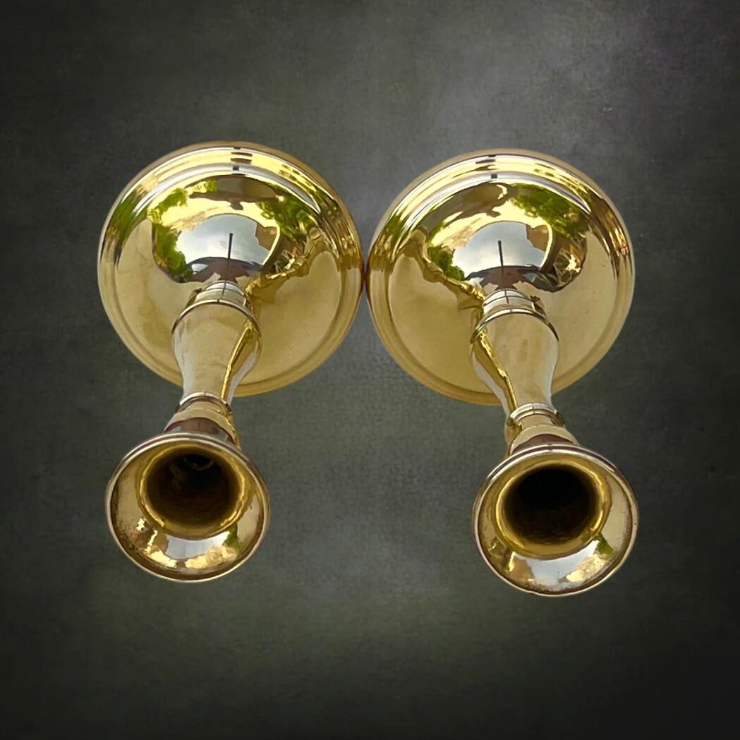 Pair of polished brass candlesticks – 1950s 60s