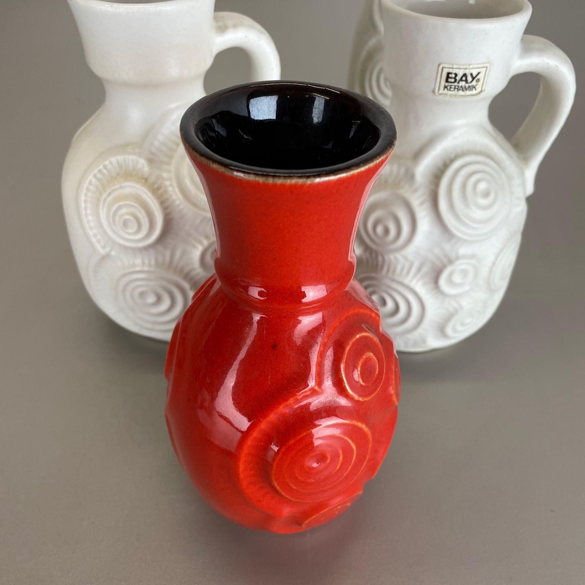 Set of 4 Red-White Fat Lava Op Art Pottery Vases by Bay Ceramics, Germany