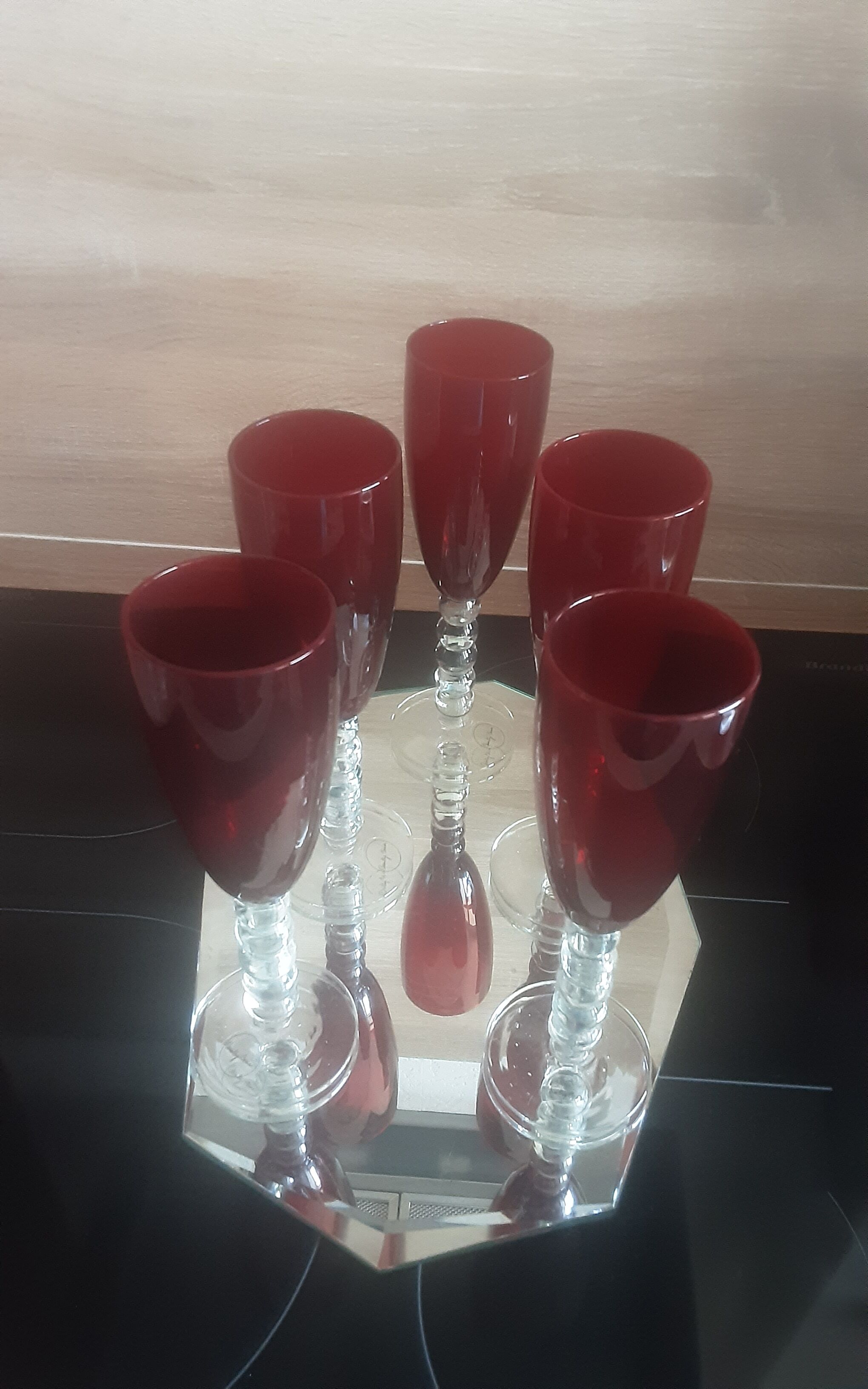Lot 5 vintage ruby red glass flutes