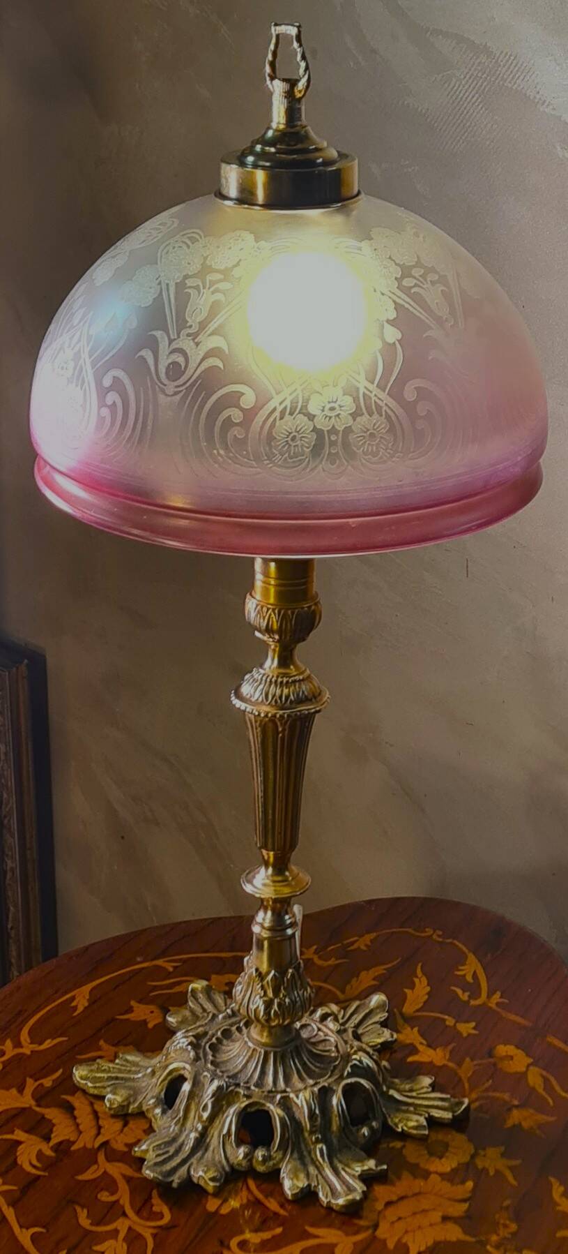 bronze lamp and tinted & acid-etched glass lampshade / Art Nouveau, period product