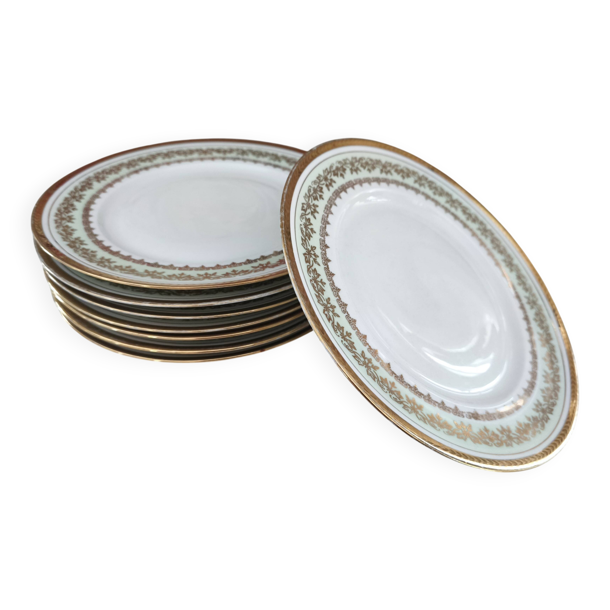 Set of 8 PL France porcelain dinner plates, water green marli and frieze