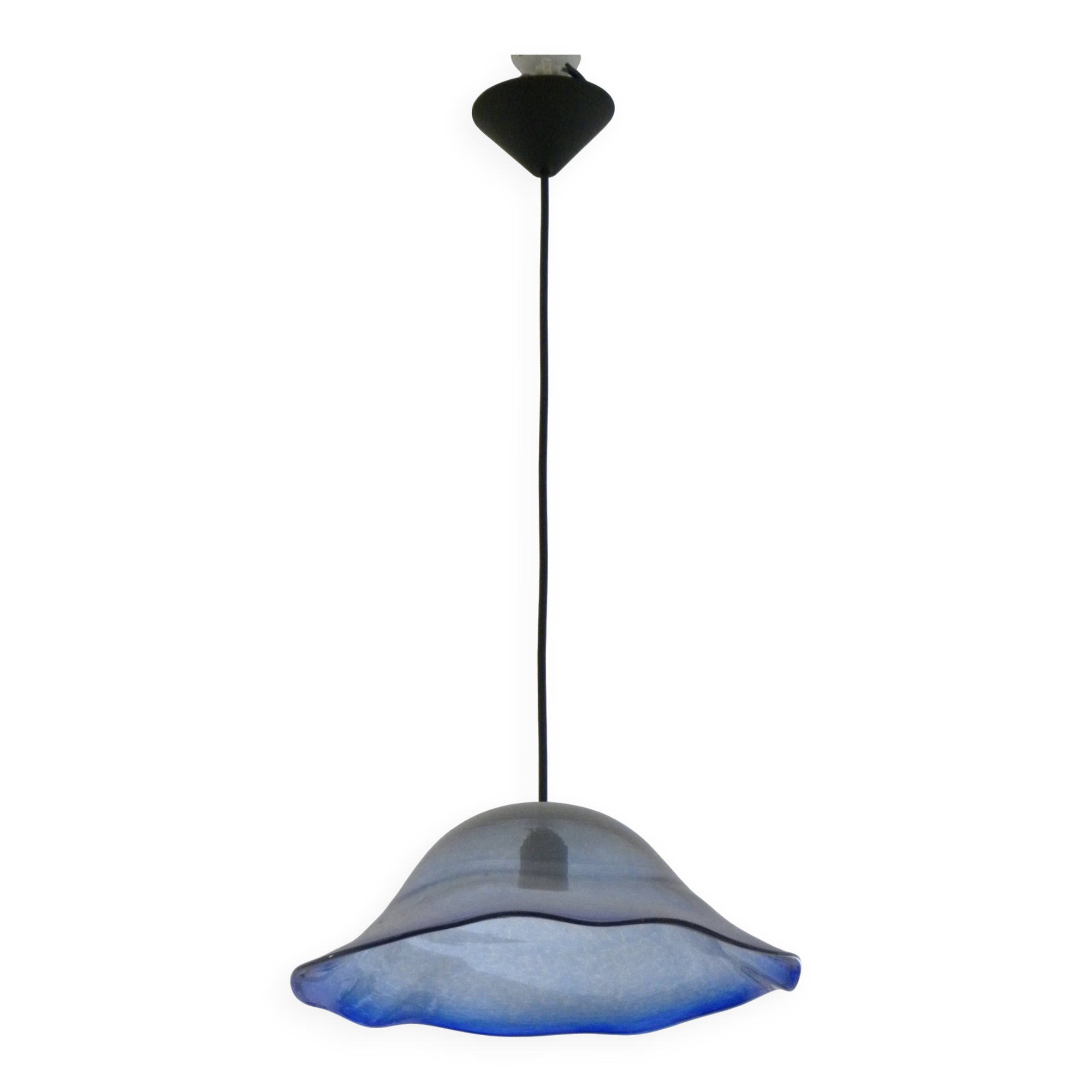 Frosted blue blown glass suspension light in 70s retro style.