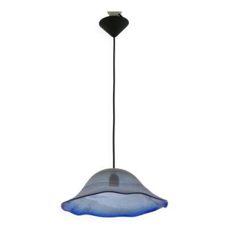 Frosted blue blown glass suspension light in 70s retro style.