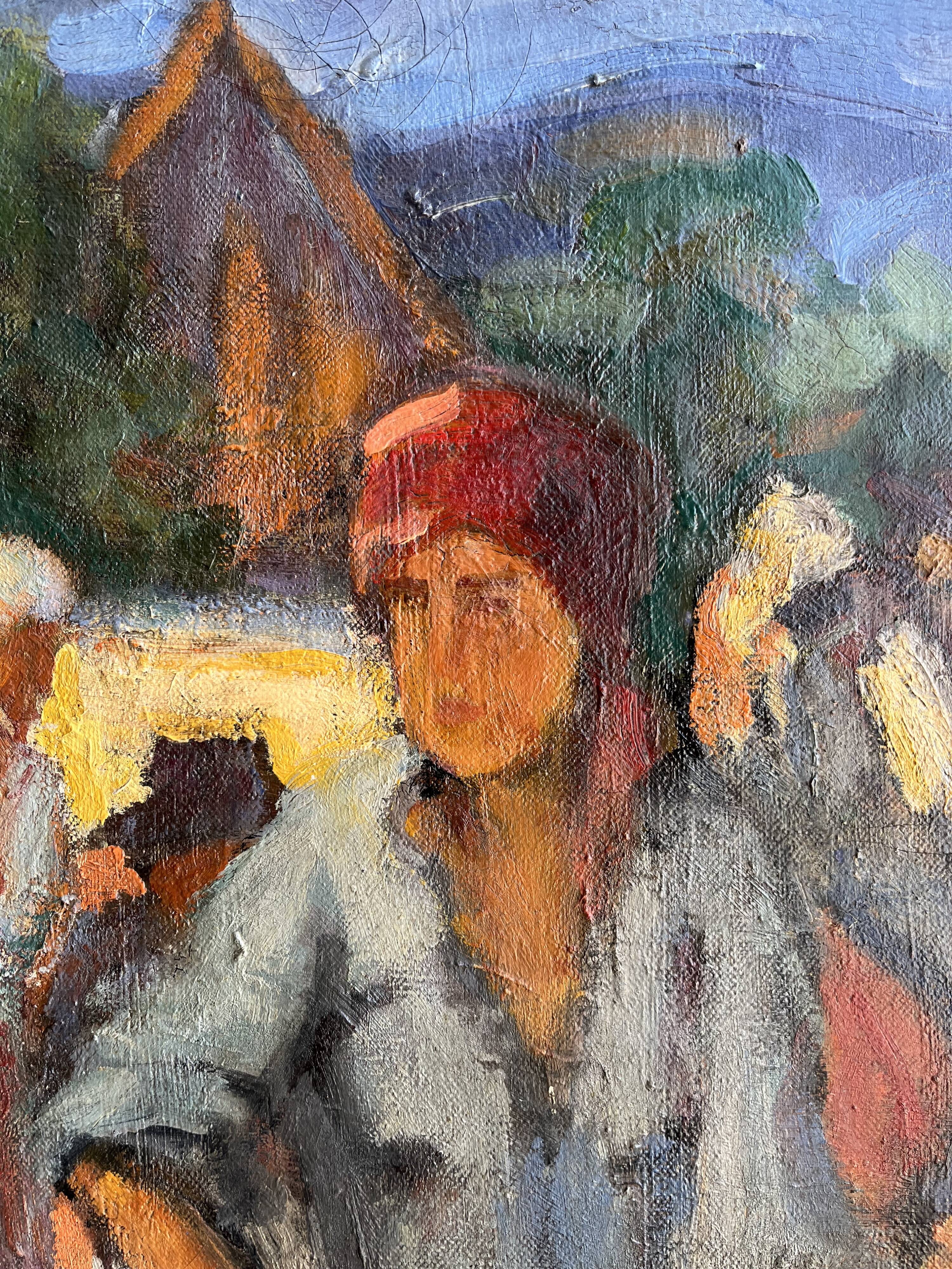 Painting, oil on canvas, The market, 20th century, oil on paper, signed, 26.5x26.5cm, with frame
