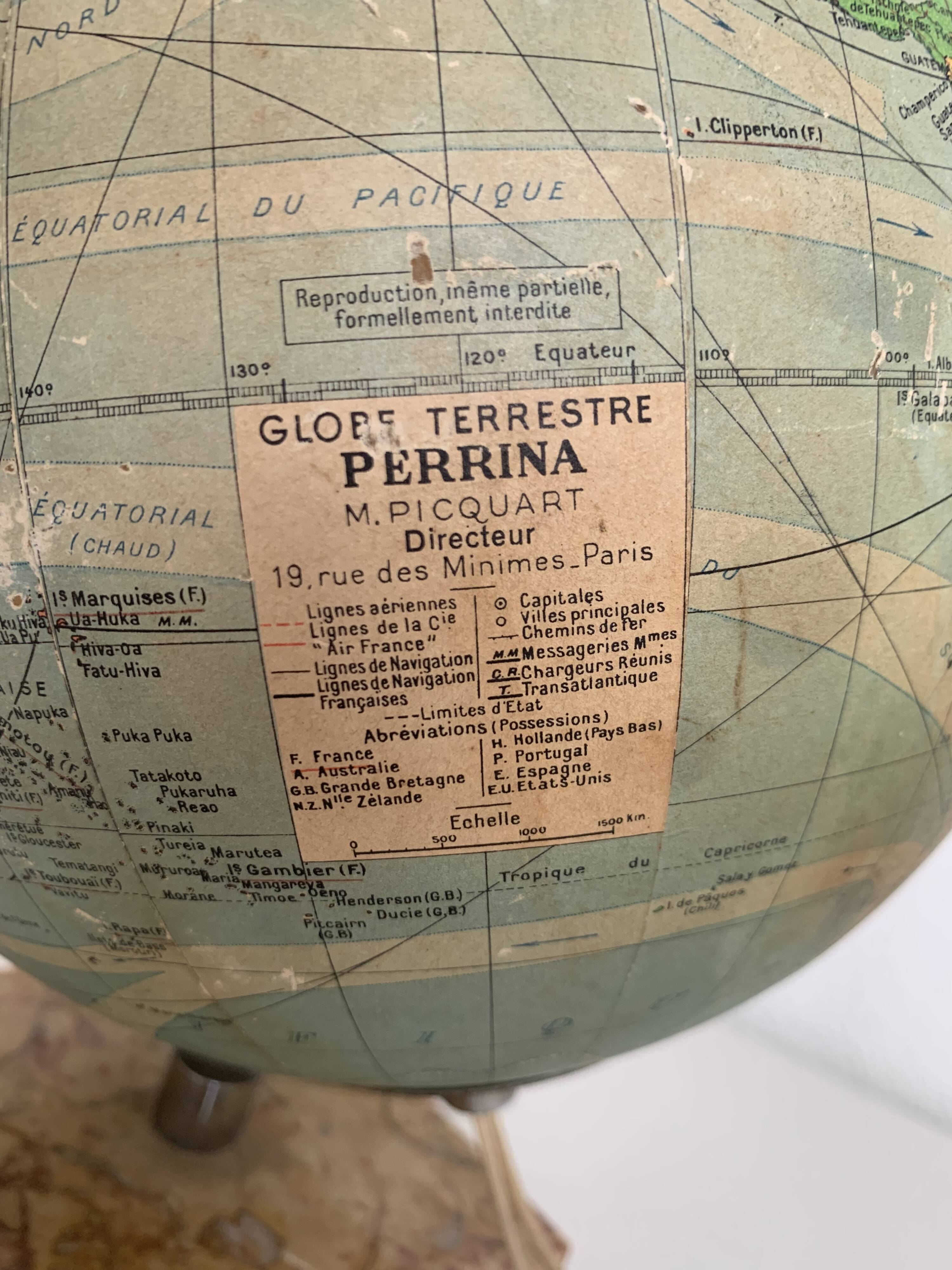 Vintage 1960 terrestrial globe glass Perrina marble world map - 28 cm