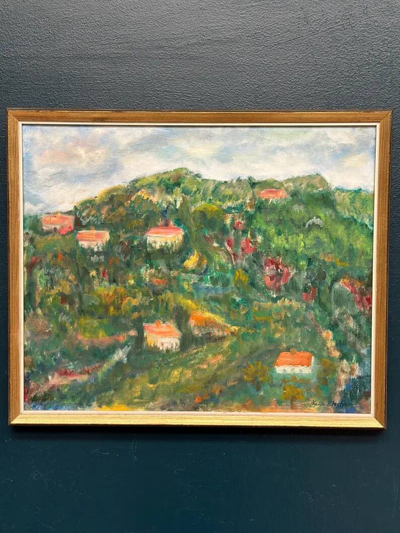 Original Swedish Oil on Canvas – “Hilly Landscape with Houses” by Lalla Blecher – Signed – Vintage & Framed