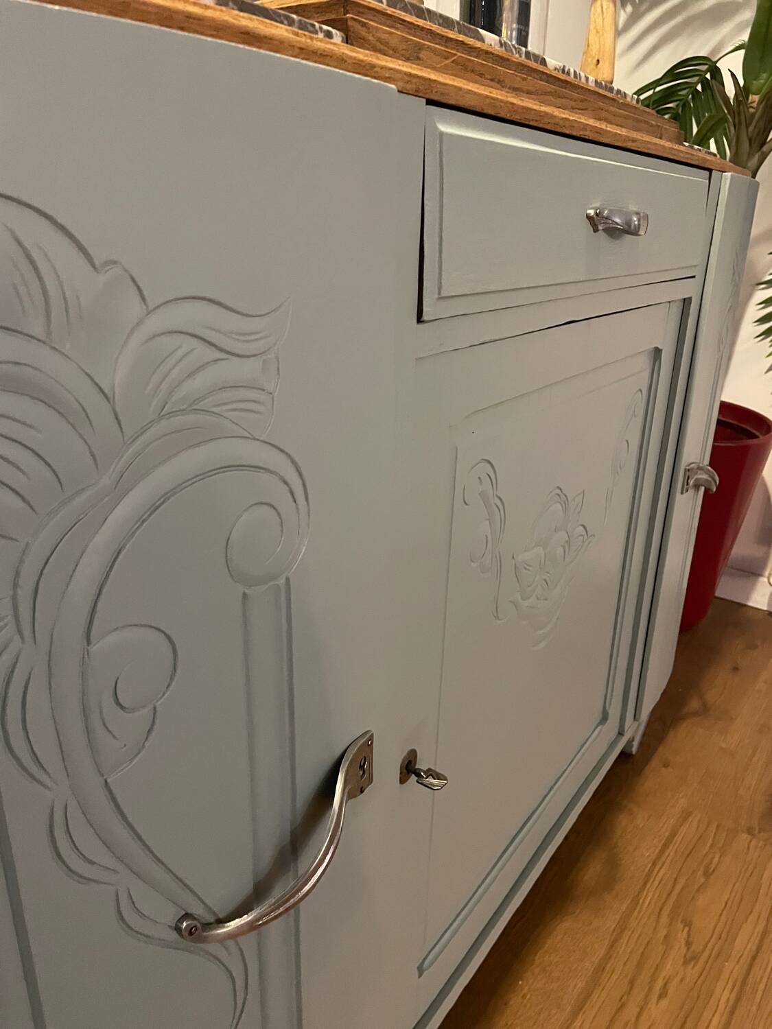 Revamped art deco sideboard in light sage green, marble top, chrome handles, vintage shabby chic