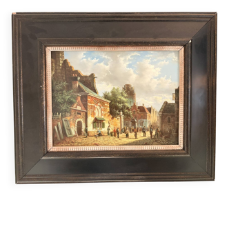 Old Oil Painting Copper Jan Beekhout Street Scene Dutch Middle Ages