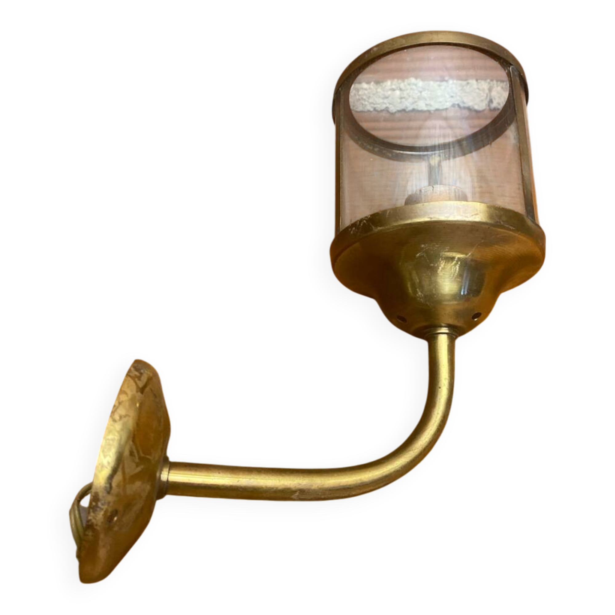 Antique Wall Lamp Lantern Gold Metal + Vintage Glass Cylinder #C528