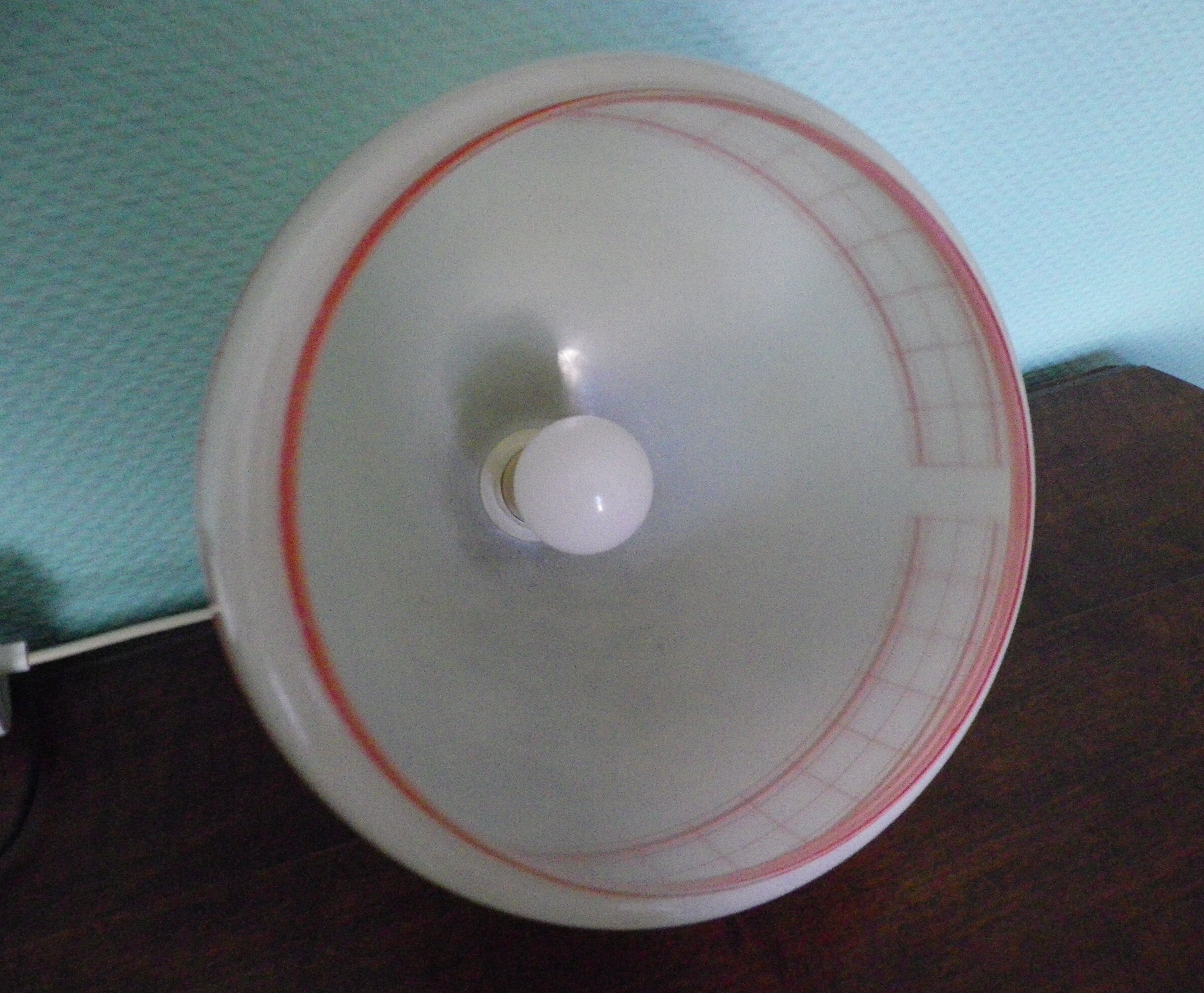 Space age pendant lamp, white opaline with orange silkscreened geometric designs