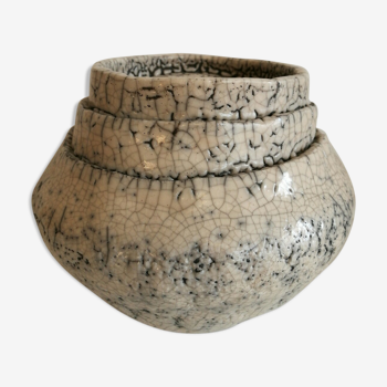 Crackled white vase enamelled and signed stoneware raku