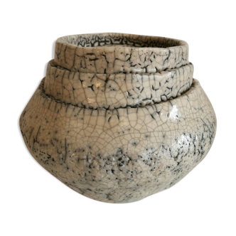 Crackled white vase enamelled and signed stoneware raku