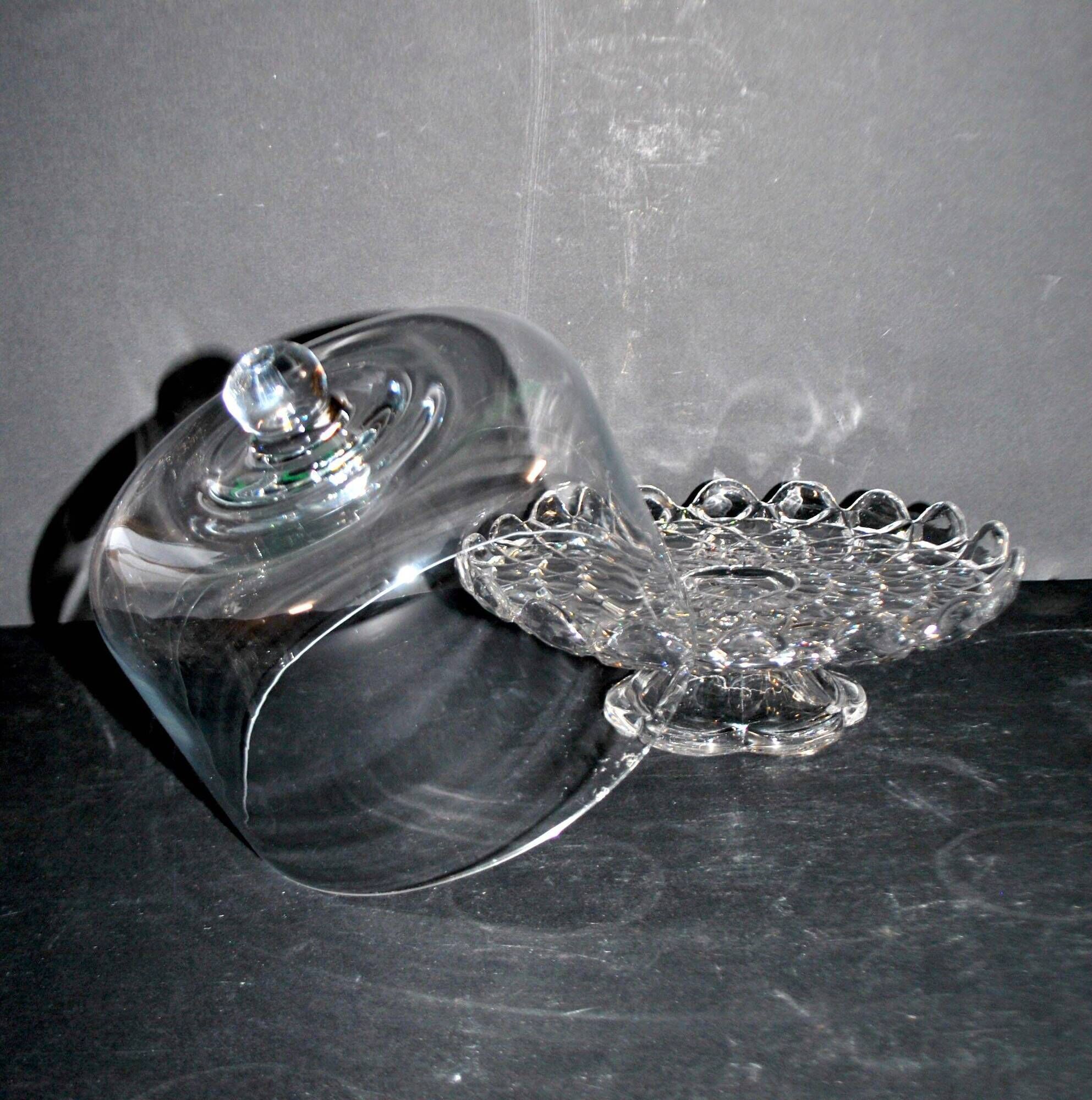 Antique cheese dome on a diamond moulded crystal stand, 1920, marked registered.