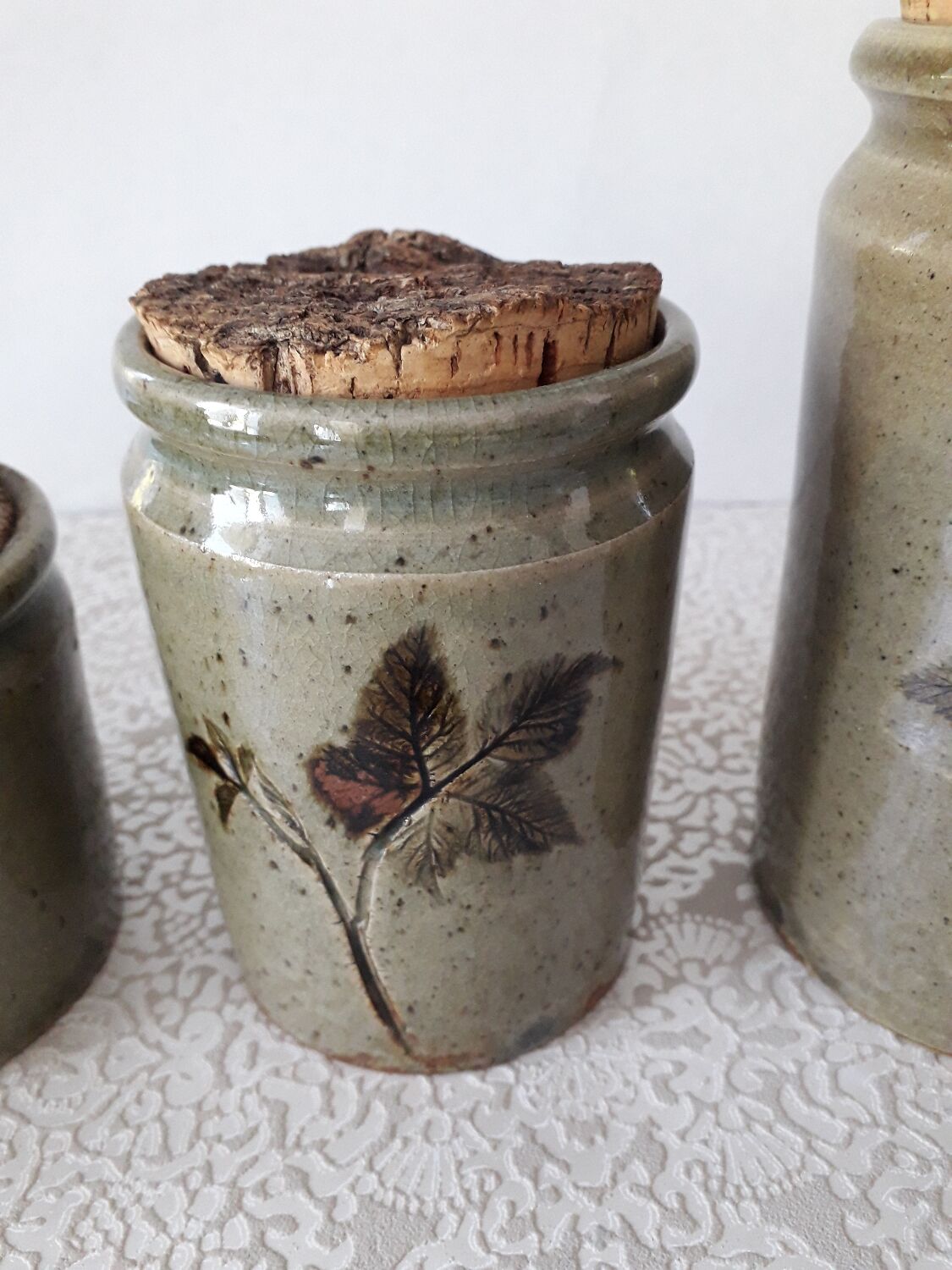 Set of 3 enameled stoneware pots with herbarium motifs Le Rivet