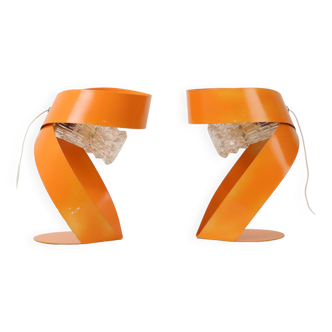 Abstract Orange Table Lamps Set of 2 Shaped Metal Sixties