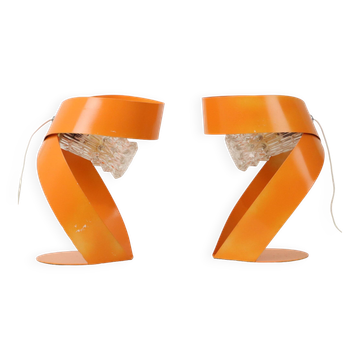 Abstract Orange Table Lamps Set of 2 Shaped Metal Sixties