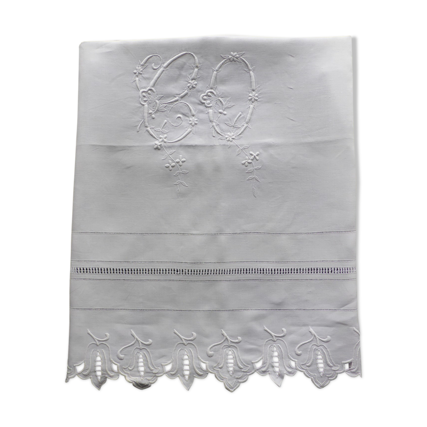 Old sheet in white linen thread