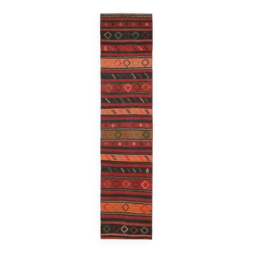 Tapis coureur vintage en laine et coton turc noué à la main rouge 81x380
