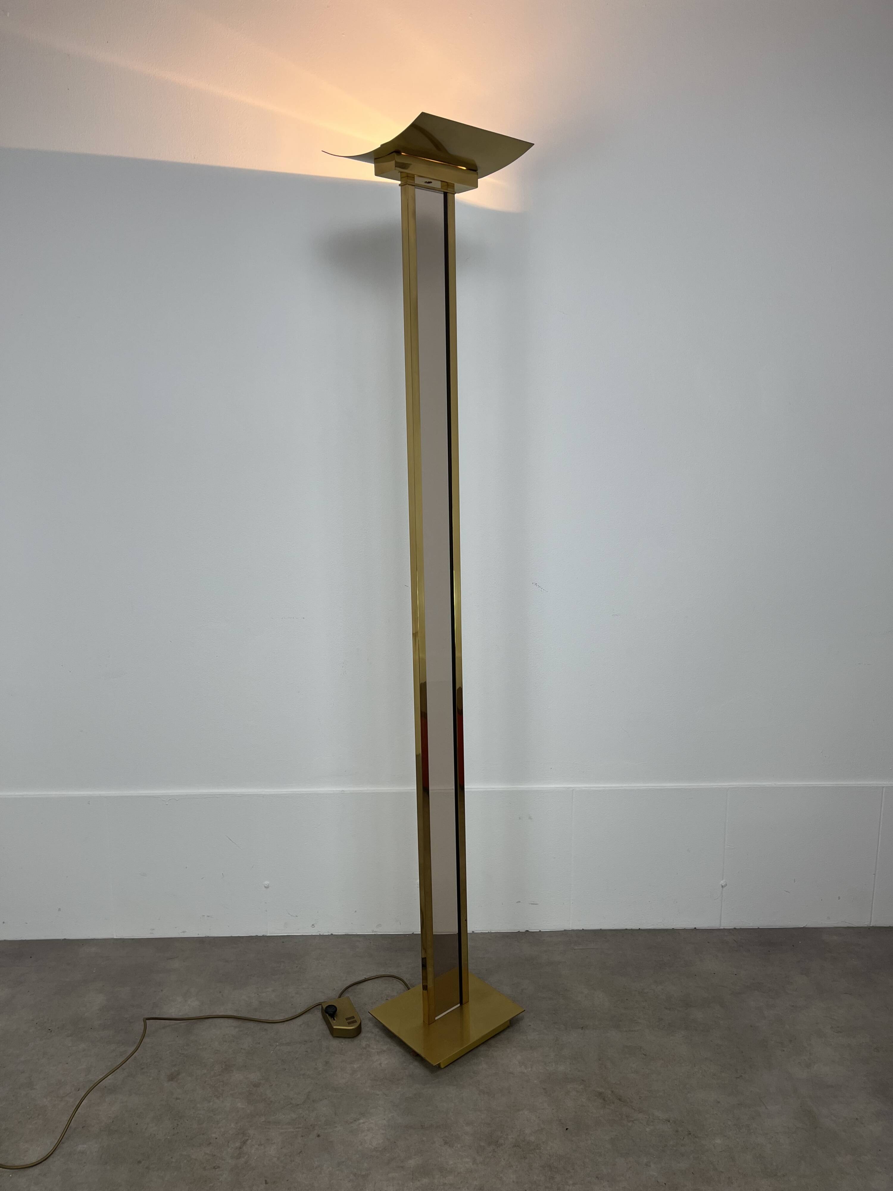 70s floor lamp in brass and smoked plexiglass, Hollywood Regency
