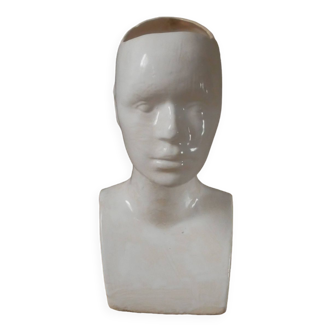 Vase vintage design années 70 sclupture de buste en céramique émaillée tête visage