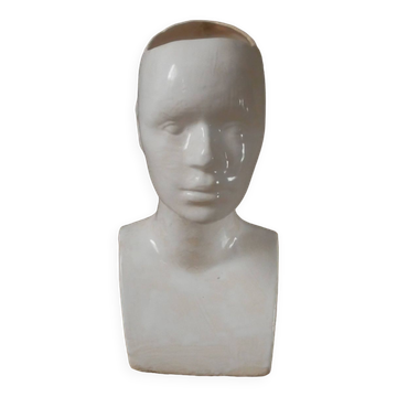 Vase vintage design années 70 sclupture de buste en céramique émaillée tête visage