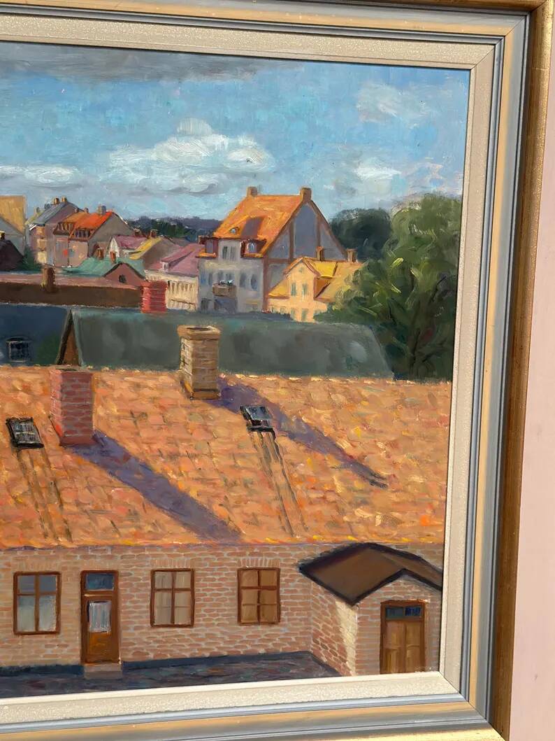 Large Original Swedish Oil on Panel – "Urban Landscape" by Wilhelm Matton – Signed – Dated 1947 – Framed – 83 × 73 cm (32.7 in × 28.7 in)