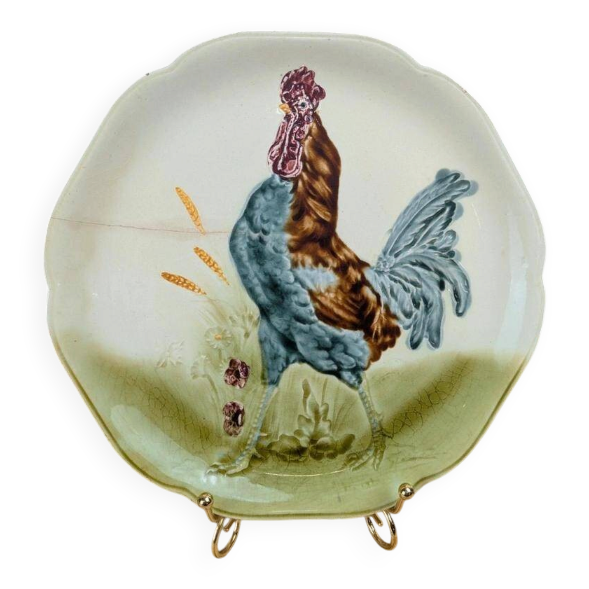 Antique plate Terre de Fer Choisy-le-Roi Hb – Polychrome cock in slipware