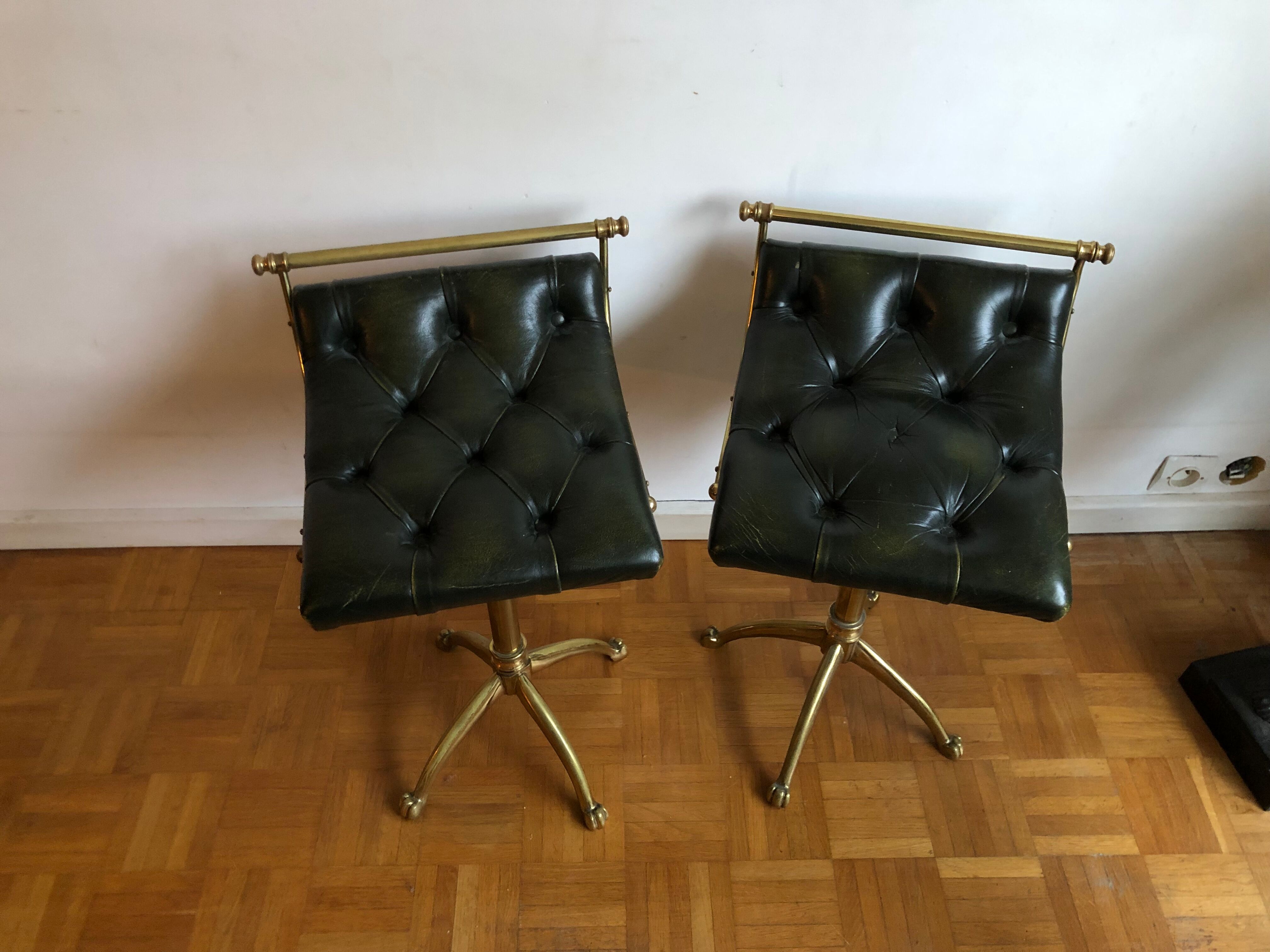 Pair of Chesterfield style brass and leather stools