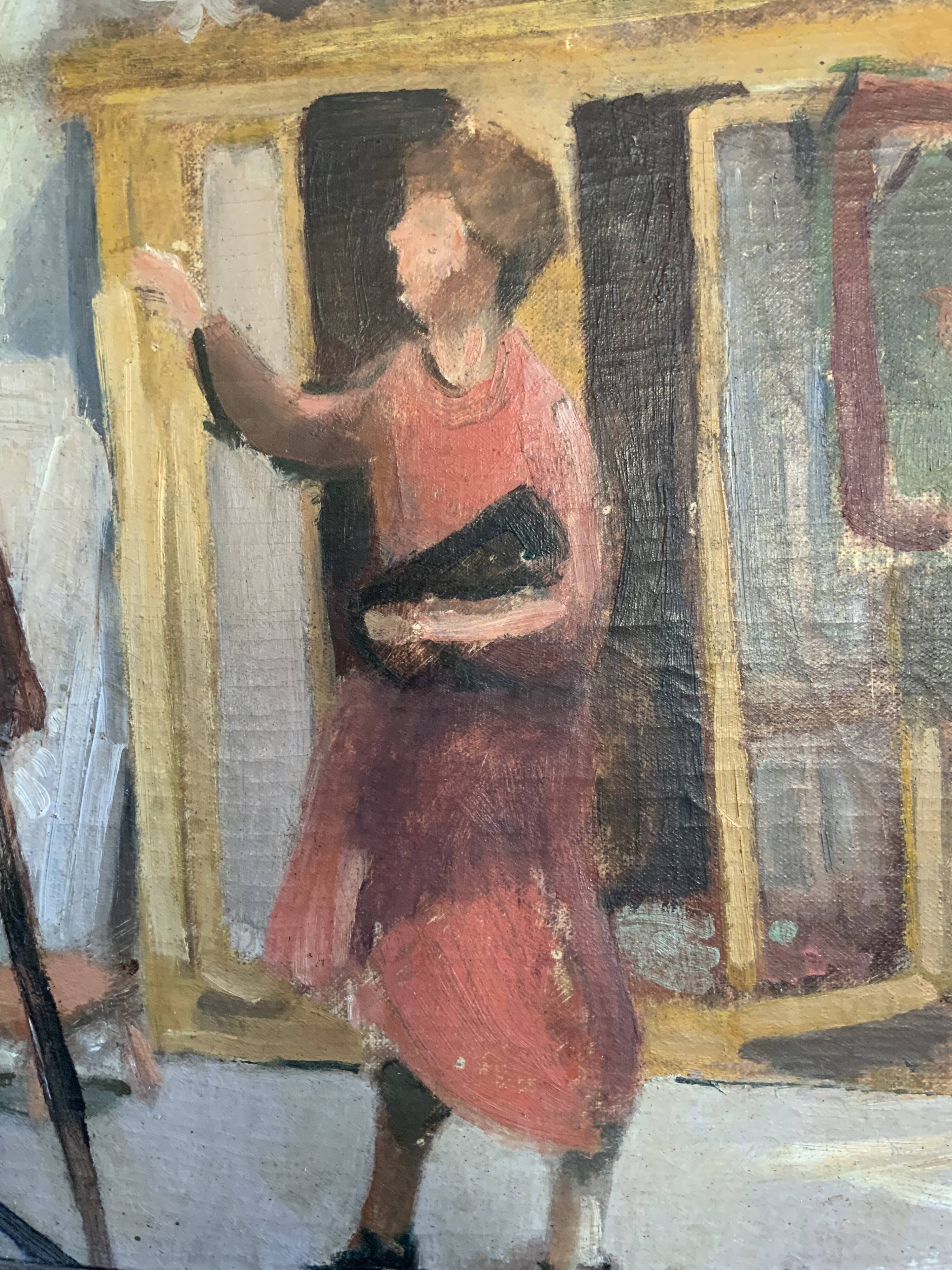 Vintage Oil On Canvas Interior with Woman Signed By Artist W.S., circa 1950s