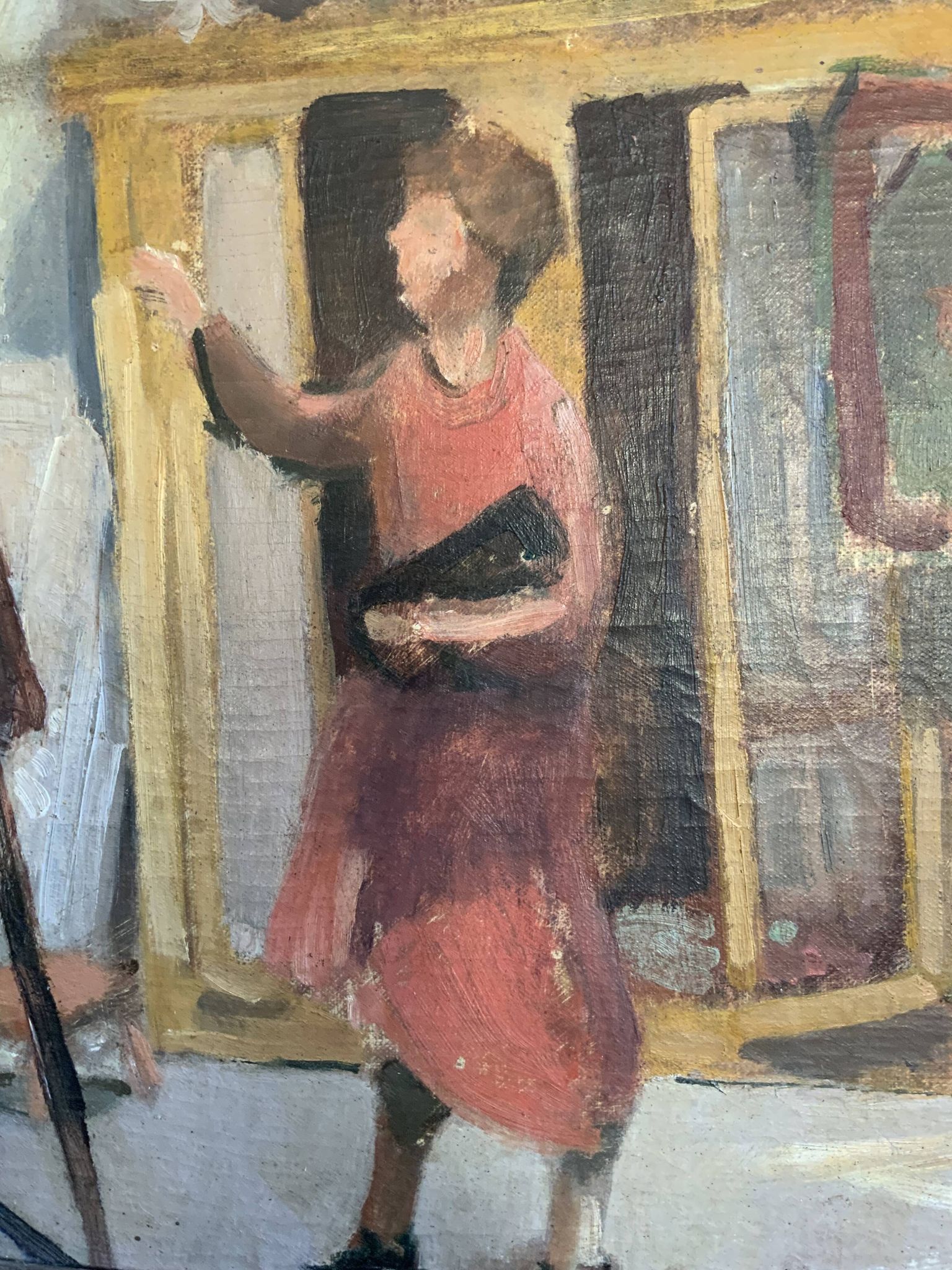 Vintage Oil On Canvas Interior with Woman Signed By Artist W.S., circa 1950s