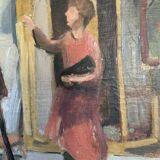 Vintage Oil On Canvas Interior with Woman Signed By Artist W.S., circa 1950s