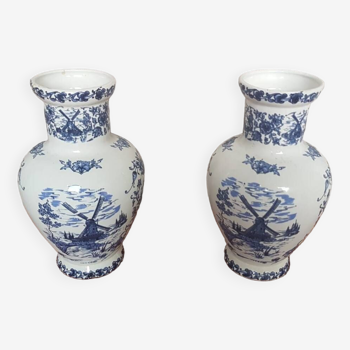 Pair molen vase white ceramic blue decor flowers & vintage mill #a695