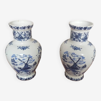 Paire vase molen céramique blanche décor bleu fleurs & moulin vintage #a695
