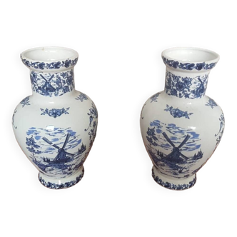 Pair molen vase white ceramic blue decor flowers & vintage mill #a695