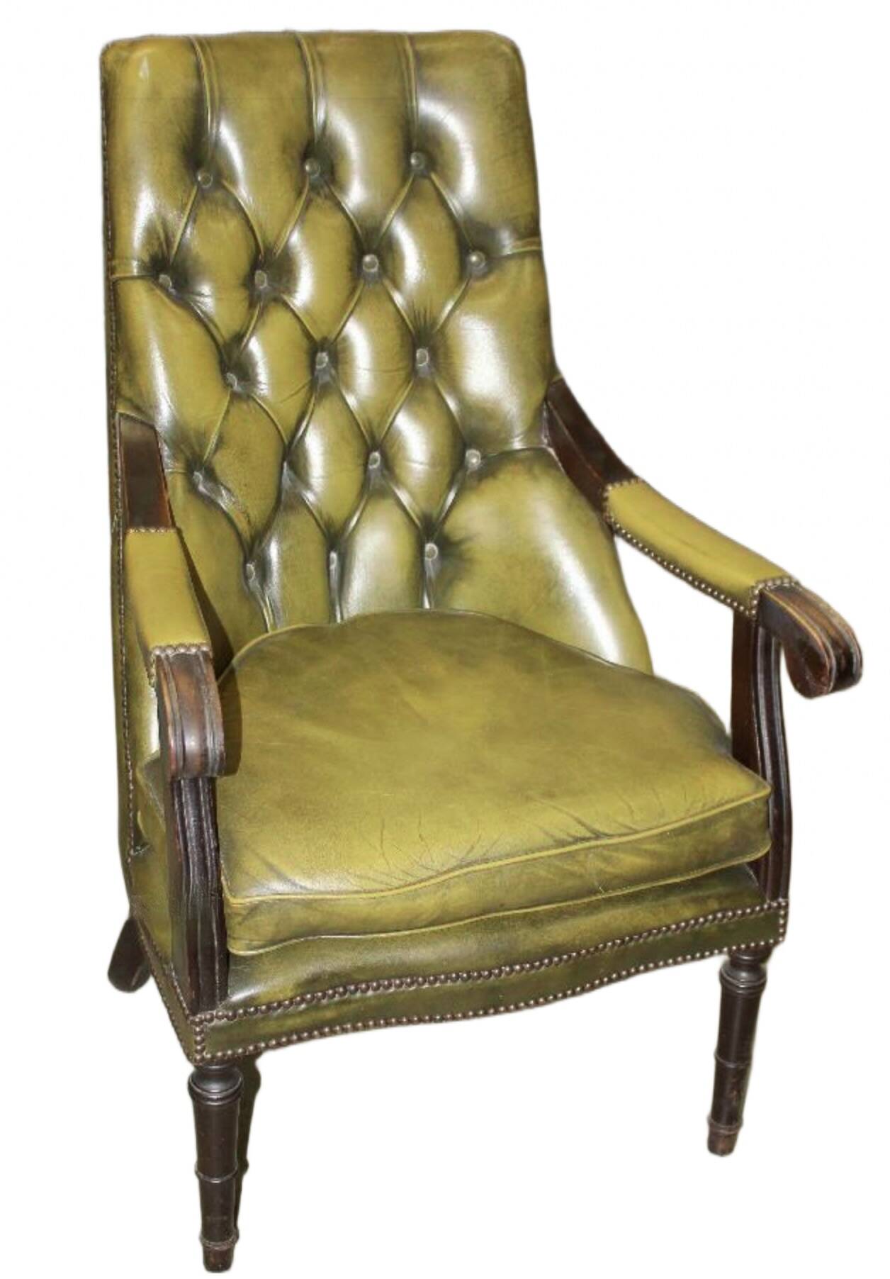 Olive green tufted leather library armchair, 1970s