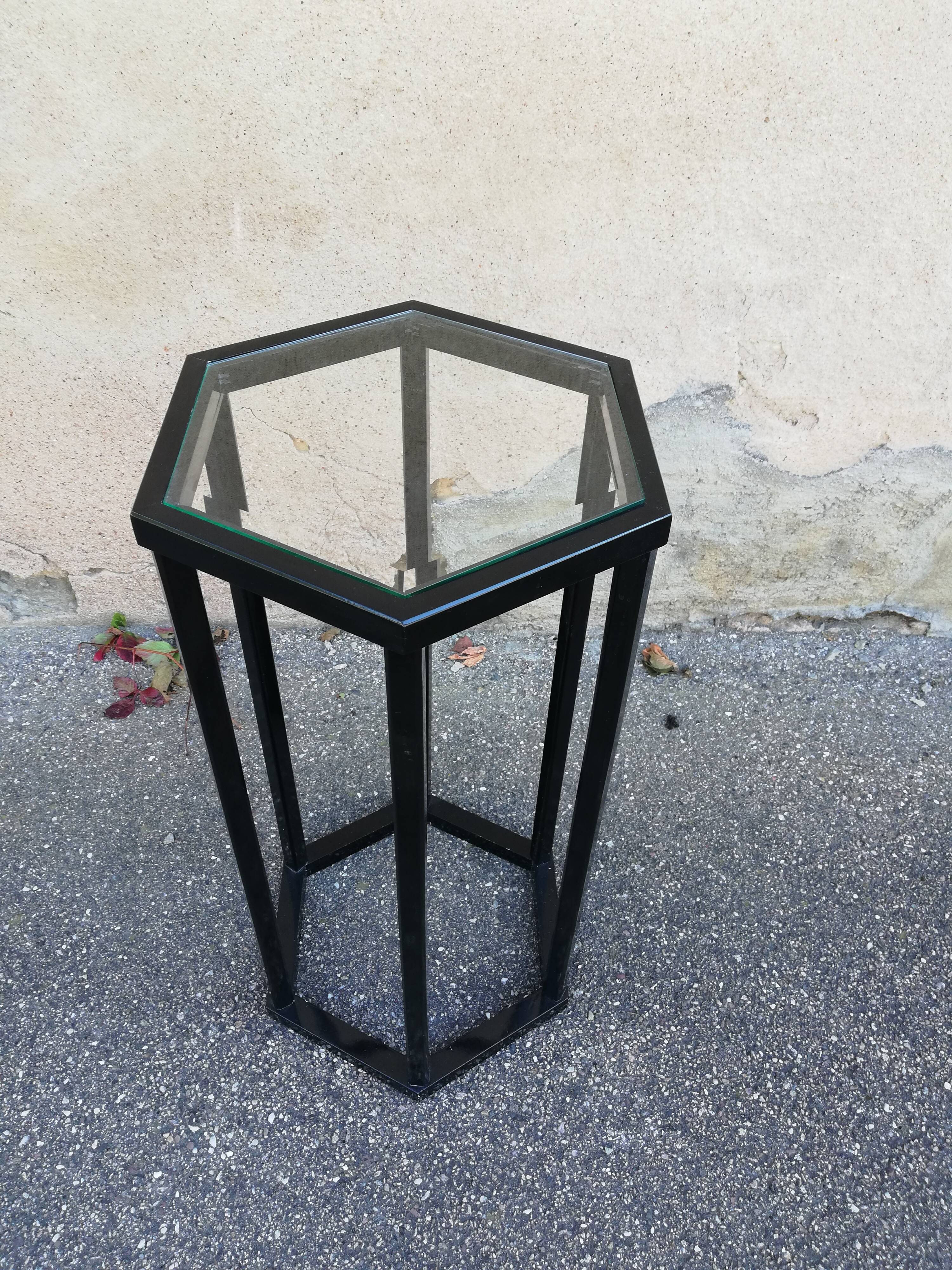 Vintage pedestal table wood and glass