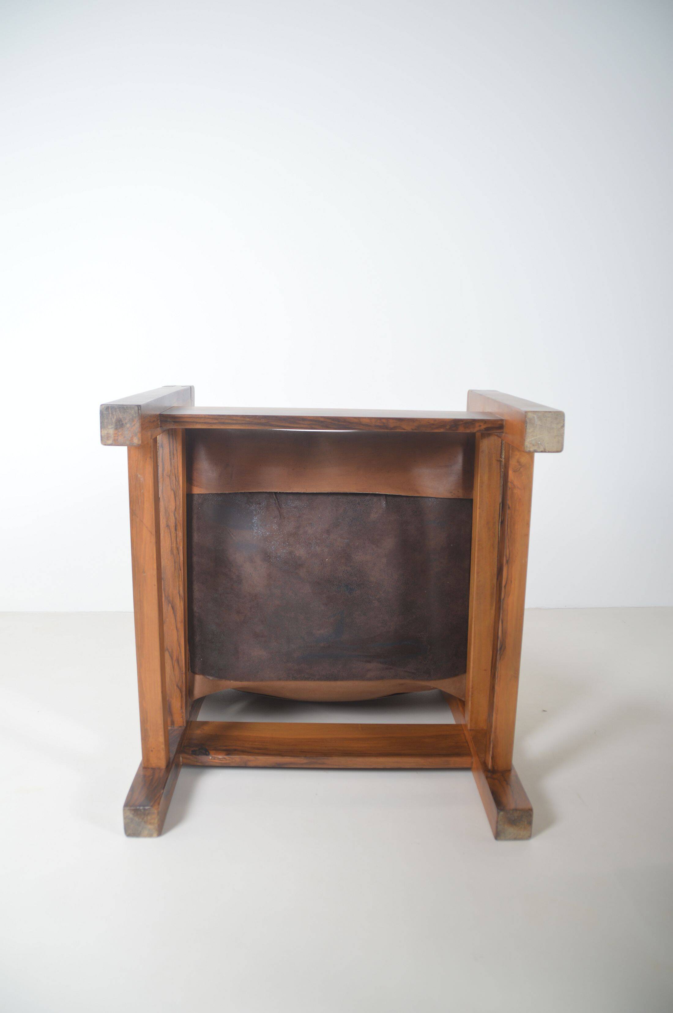 Set of French armchairs in olive wood with saddle leather, 1970s