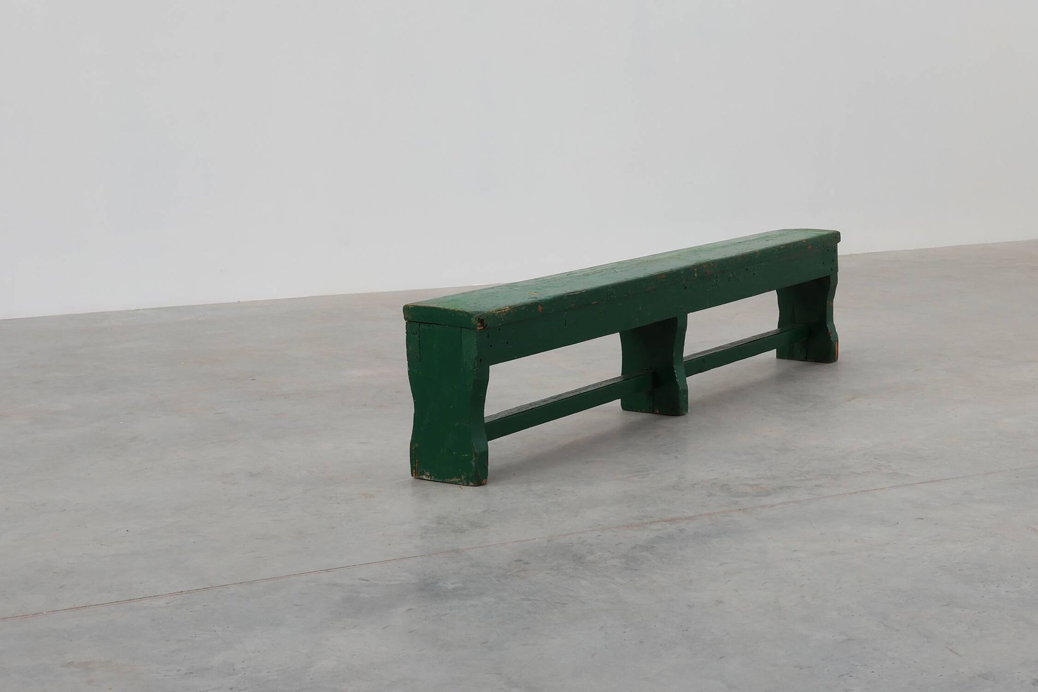 Rustic primitive green farmhouse bench in solid oak, France ca. 1900