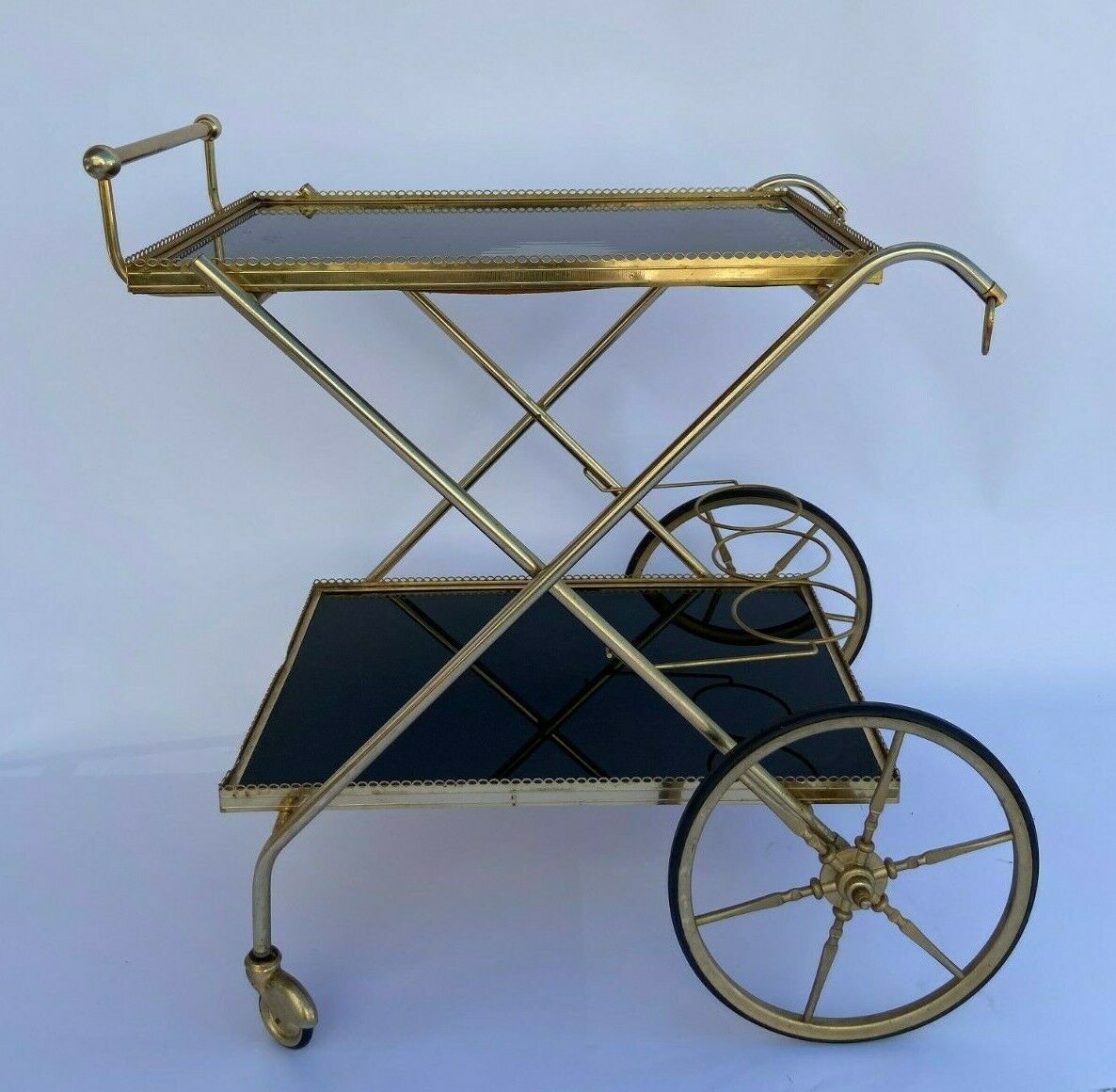Vintage 1960's bar rolling table smoked glass gilded metal
