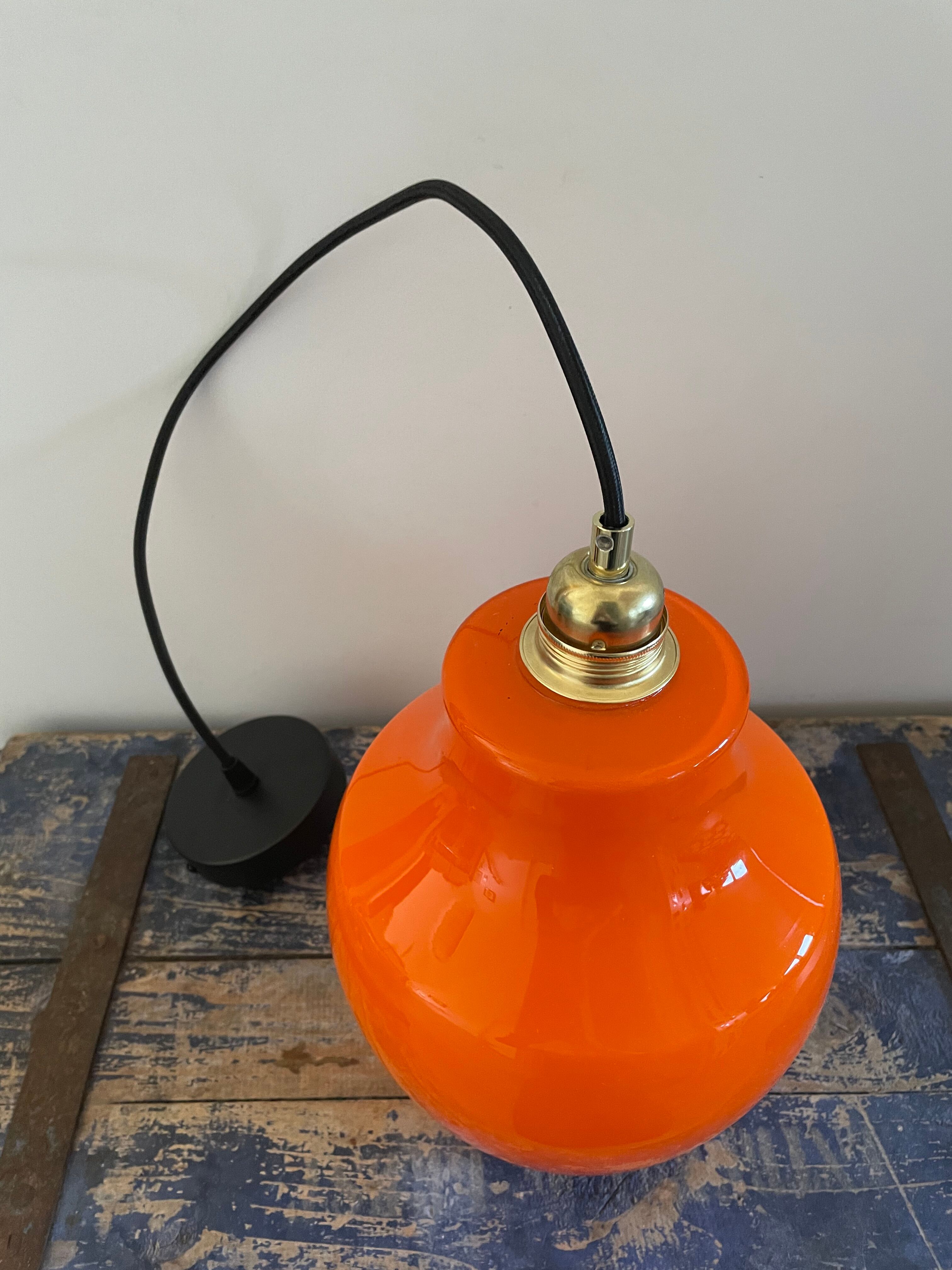 Vintage electrified orange suspension lamp with new