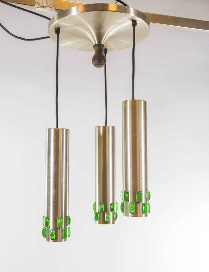 Ceiling lamp with 3 branches aluminum and glass 60s