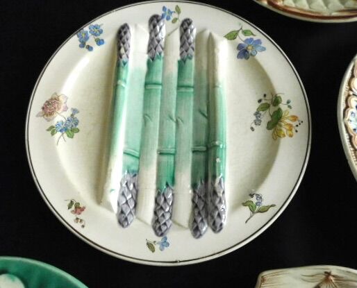 French antique asparagus plates in majolica