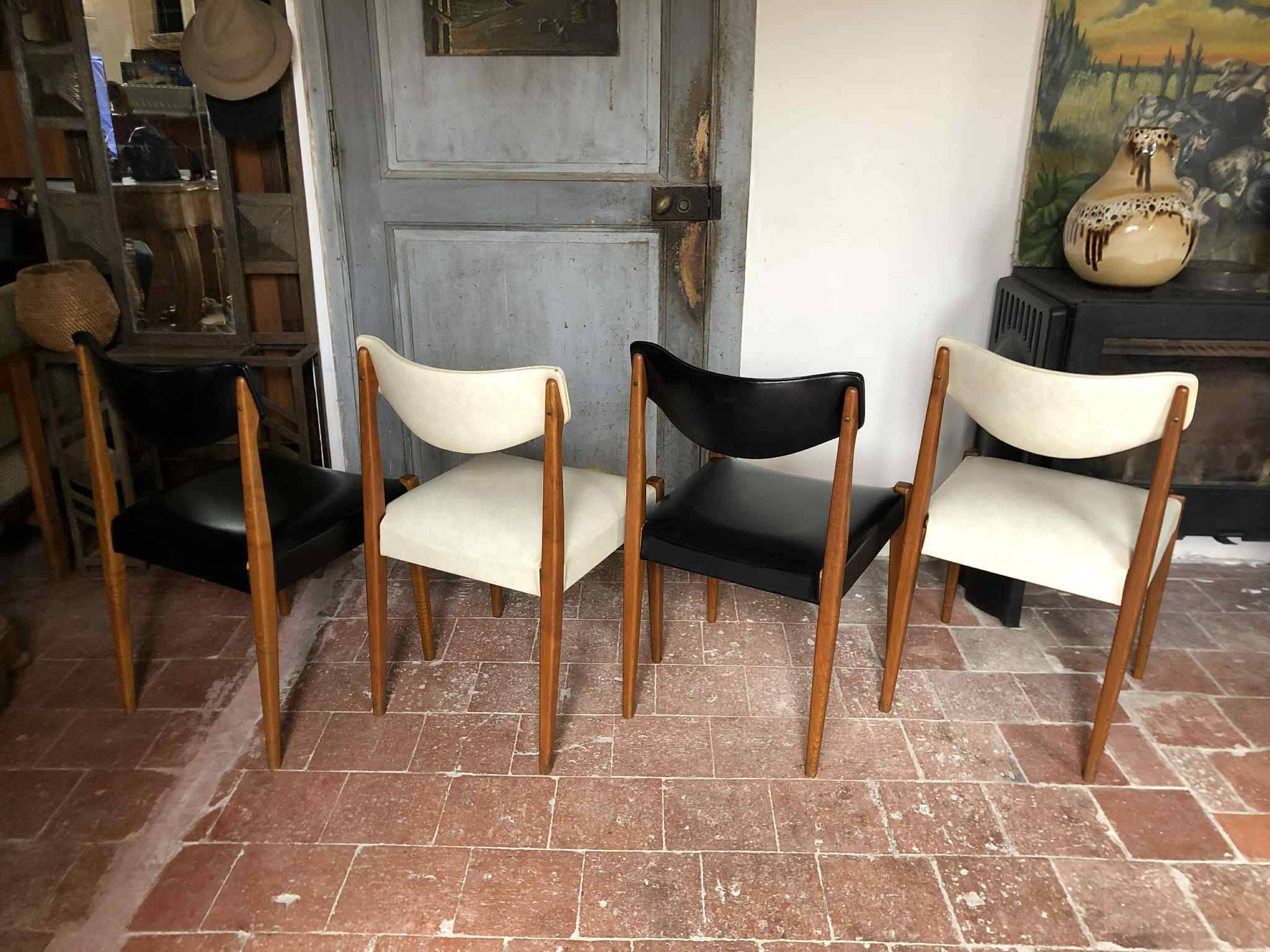 Set of 4 wooden and black and white imitation leather chairs, Scandinavian chair