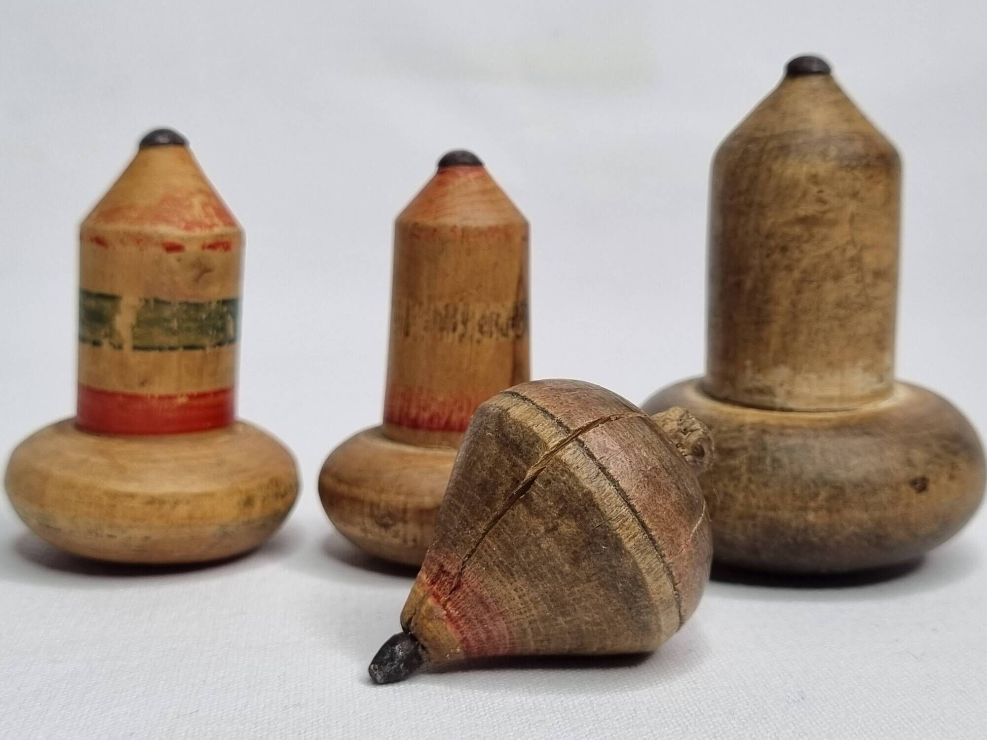 Set of 4 Antique Wooden Spinning Tops – Hand Painted Vintage Toys
