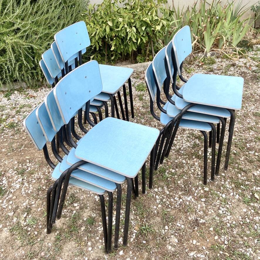 Set of 12 blue formica chairs