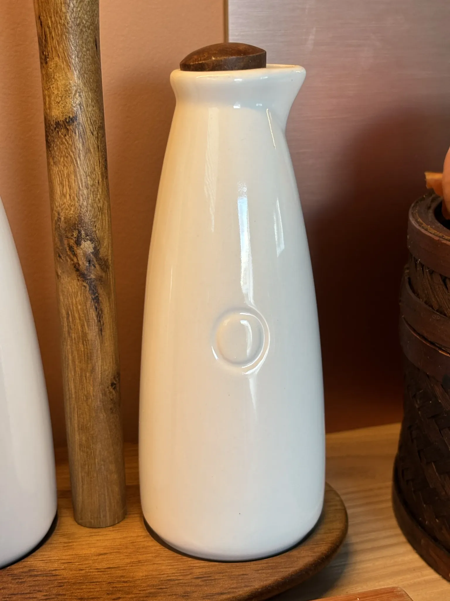 Ceramic white and wood oil and vinegar dispenser