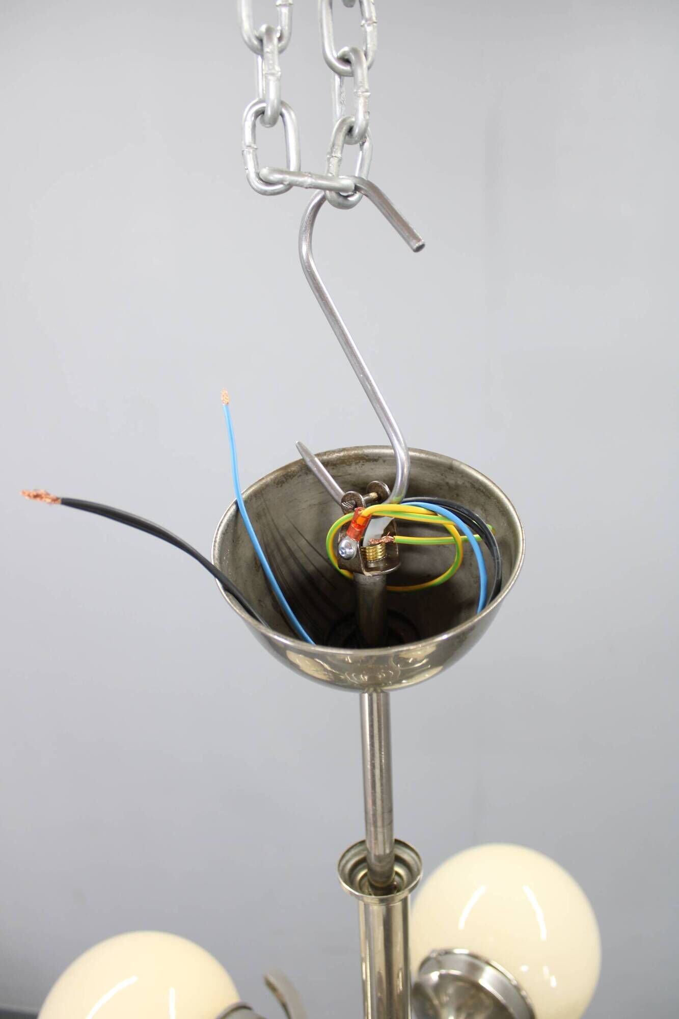 Czechoslovak Art Deco nickel chandelier with five opaline glass globes