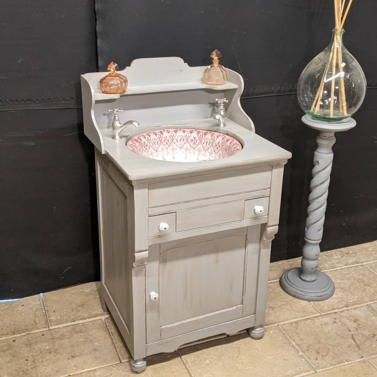 Old vanity unit in patinated wood gray basin earthenware rocker bathroom