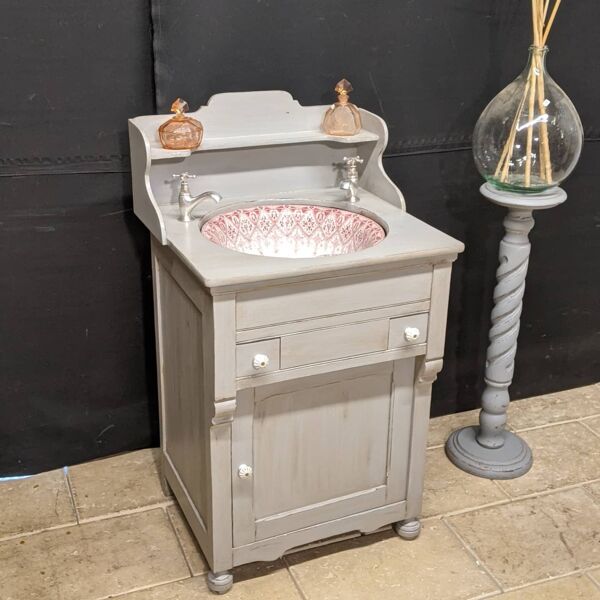 Ancien meuble lavabo en bois patiné gris vasque faïence bascule salle de  bains | Selency