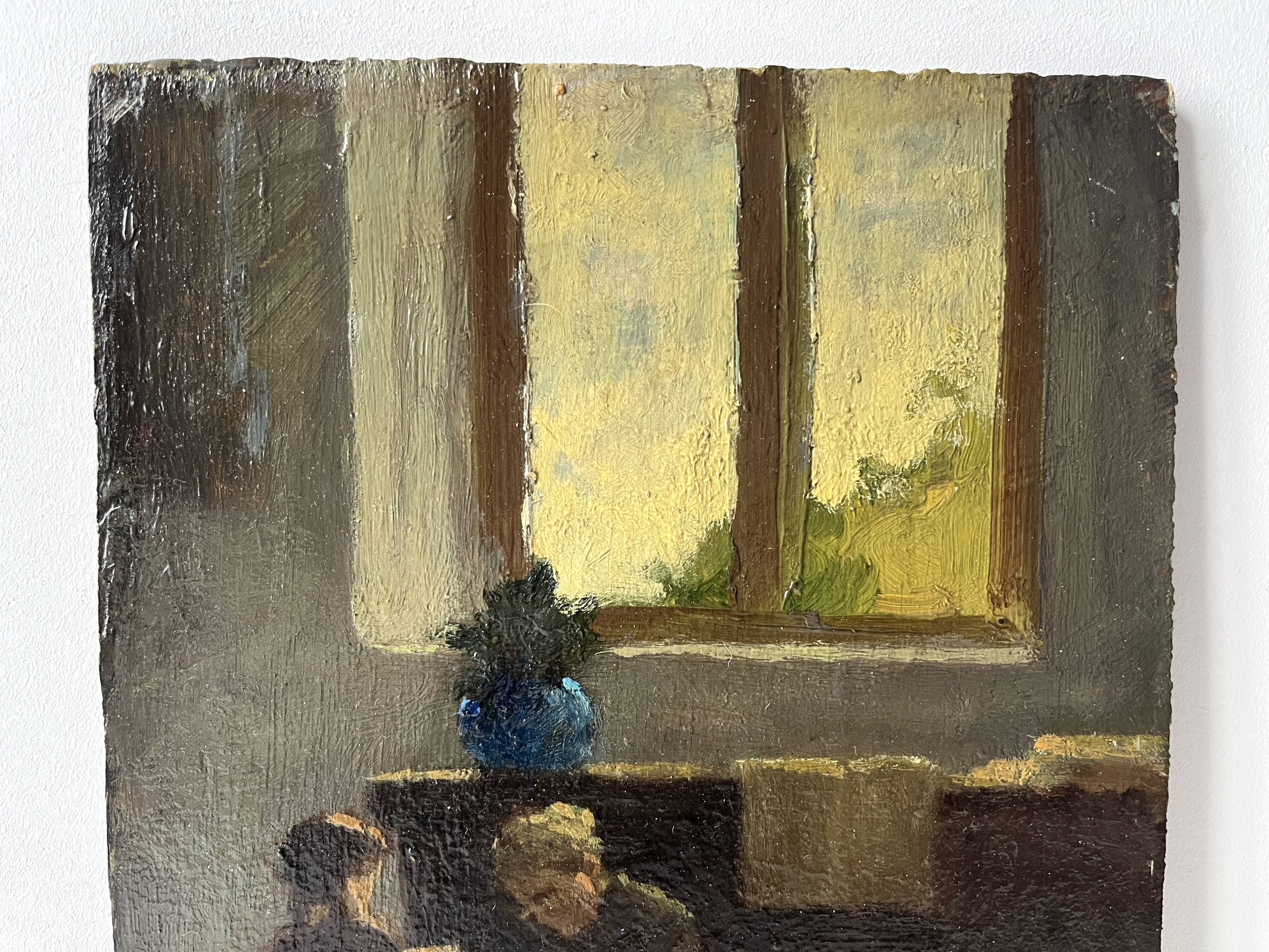 Huile sur panneau d'une scène d'intérieur 1920, tableau scène de genre